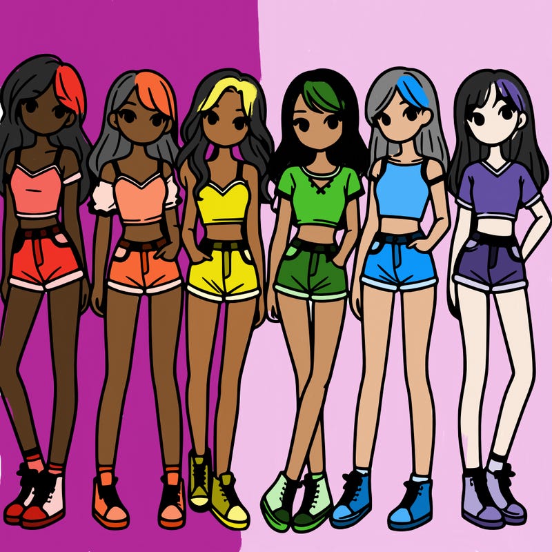 a group of girls wearing crop tops and shorts