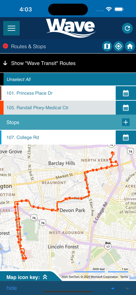 Wave Transit - Wilmington - Wave Transit app interface showing a list of bus routes and a real time map tracking bus locations in Wilmington North Carolina