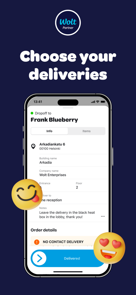 Screenshot of the Wolt Courier Partner app showing a delivery drop-off screen with customer address and specific instructions.