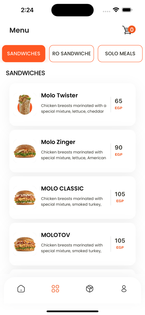 MOLO BROAST - MOLO BROAST mobile app menu screen displaying a list of chicken sandwiches with descriptions and prices