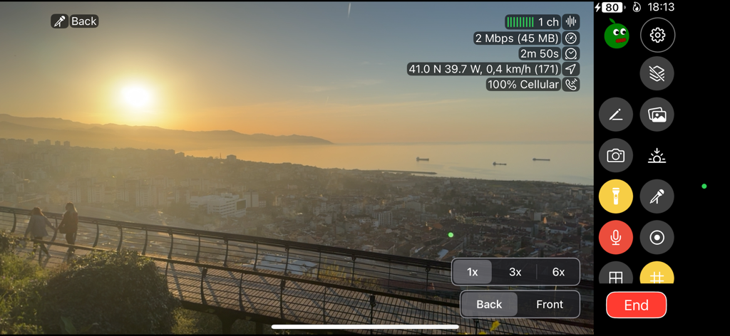 Moblin - Moblin app live stream interface showing technical data overlays and a city sunset view