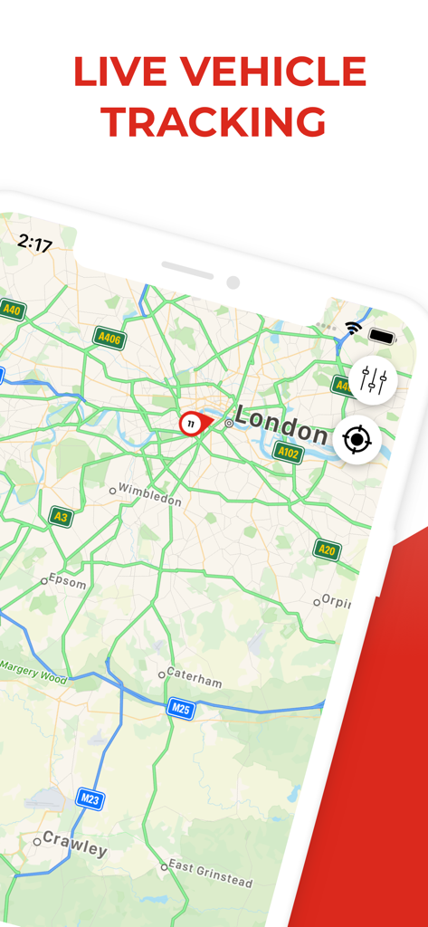 Datatool app interface showing live vehicle tracking on a smartphone map