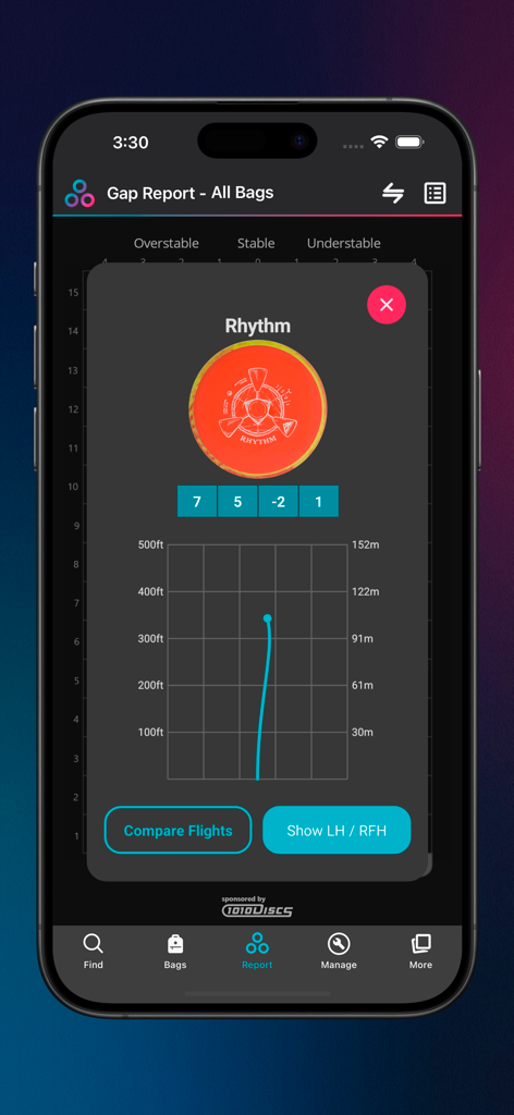 Disc Finder: Disc Golf Bag - A screen from the Disc Finder app displaying a disc flight path chart and flight numbers for a Rhythm disc