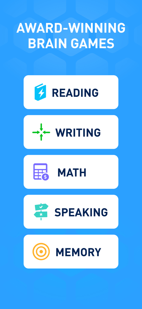 Una lista de categorías de entrenamiento cerebral en la aplicación Elevate, incluyendo lectura, escritura, matemáticas, expresión oral y memoria.