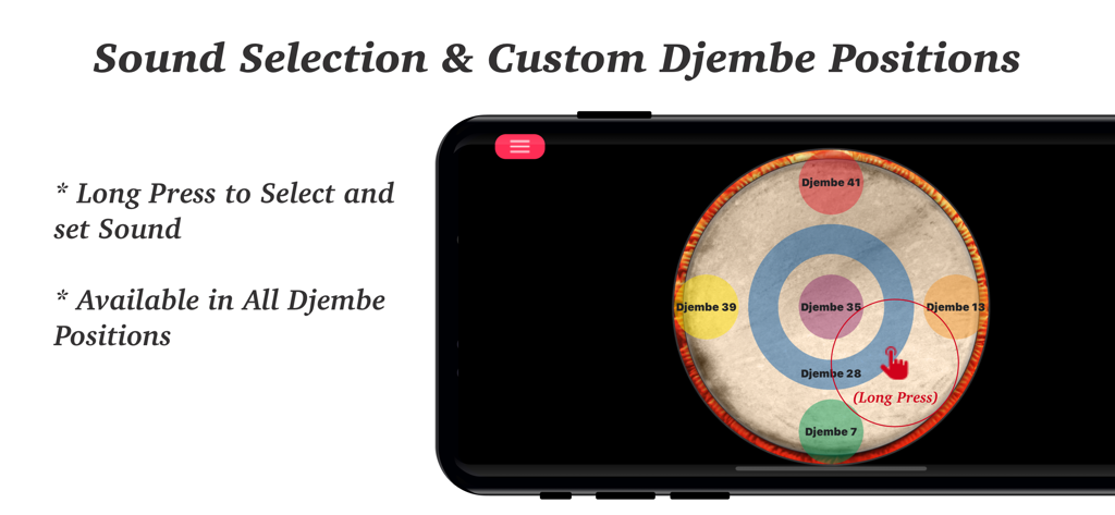 Djembe - Drum Percussion Pad - Djembe app interface showing sound selection and custom percussion positions on a drum pad