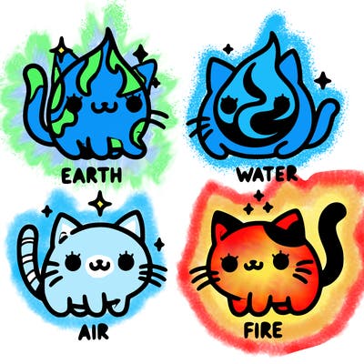 4 cats that represent the different elements, earth, water, air, and fire