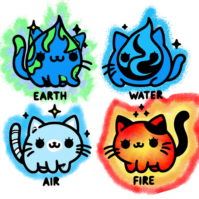 4 cats that represent the different elements, earth, water, air, and fire