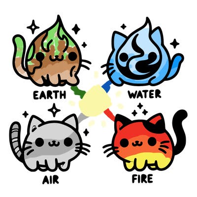 4 cats that represent the different elements, earth, water, air, and fire