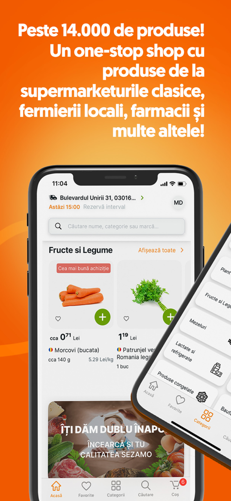 Sezamo - Sezamo mobile app interface displaying fresh fruits and vegetables with over 14000 products available for delivery