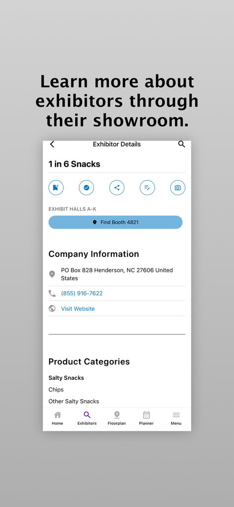 Sweets & Snacks Expo 2025 - Exhibitor details screen in the Sweets and Snacks Expo app showing contact info and booth location for 1 in 6 Snacks.
