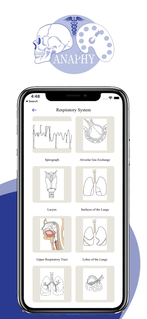 Anaphy app screen showing various respiratory system diagrams available for anatomy coloring