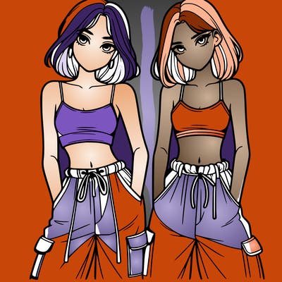 two girls with crop top with baggy pants