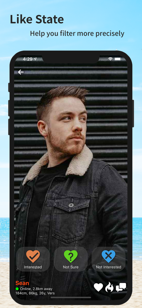 Gsland gay dating app profile interface showing Like State filtering options