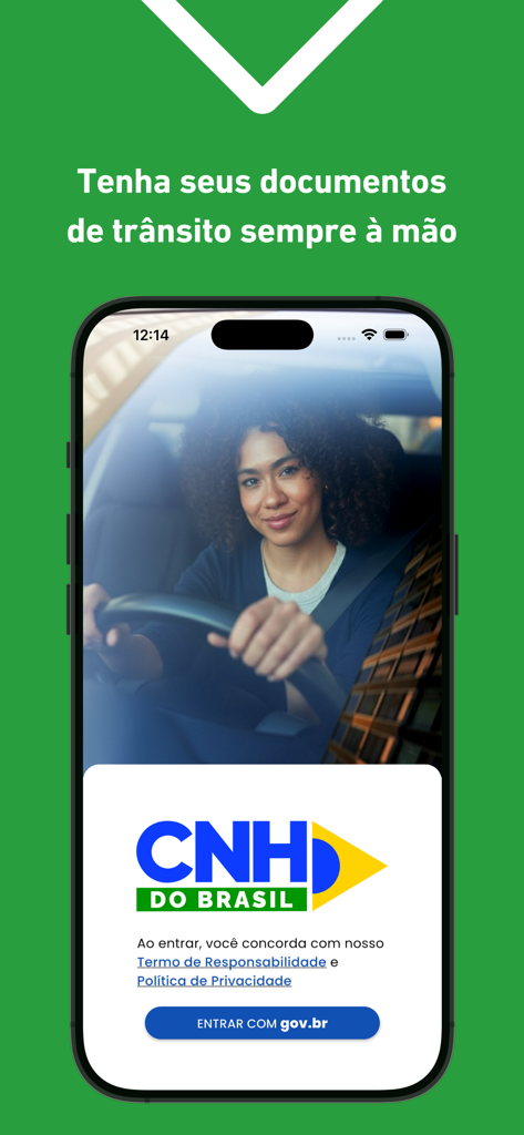 Schermata di login dell'app CNH do Brasil con il pulsante di autenticazione gov.br e illustrazione del conducente
