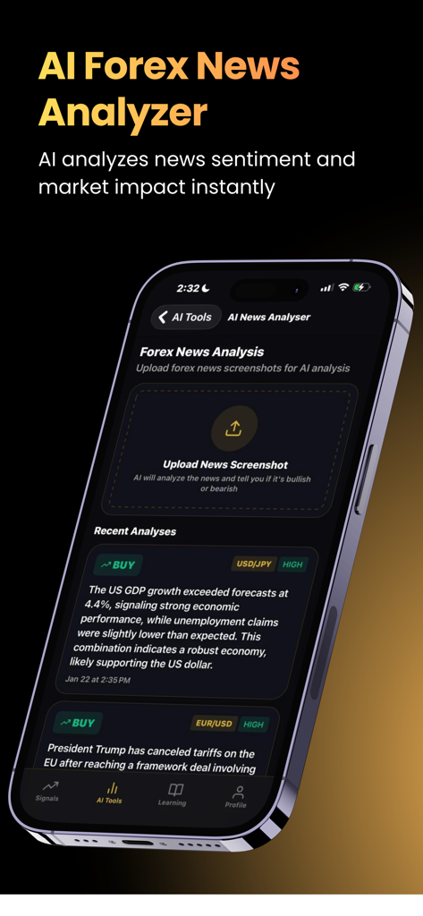 SignalPro app interface showing the AI Forex News Analyzer feature with news sentiment analysis for currency pairs.