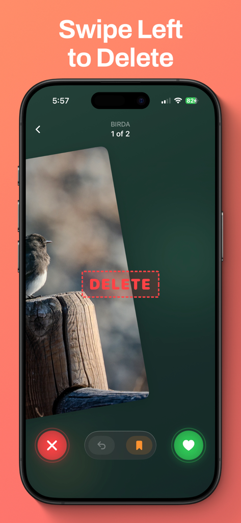 Tidy Cam - Swipe Delete Photos - Tidy Cam app interface on a smartphone showing the swipe left gesture to delete a photo from the camera roll