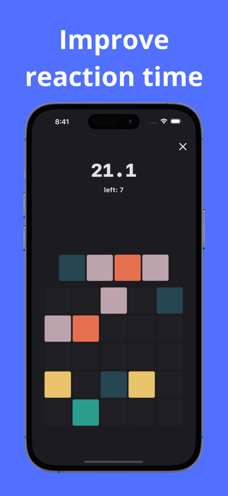 RTap Mobile App Gameplay zeigt ein farbenfrohes Kachelraster und einen Timer zur Verbesserung der Reaktionszeit