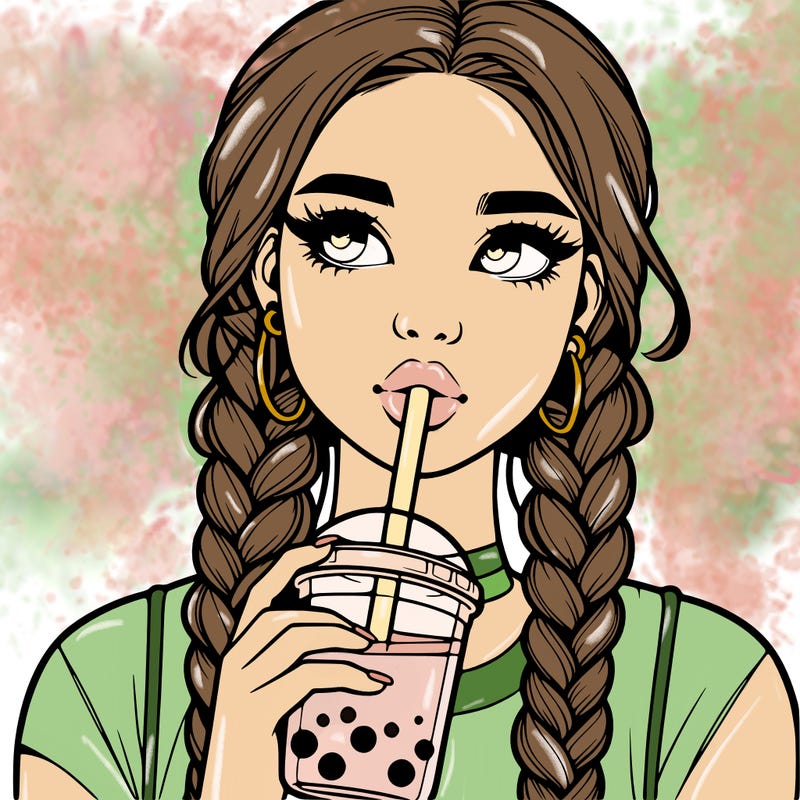 realistic girl with braided hair drinking boba