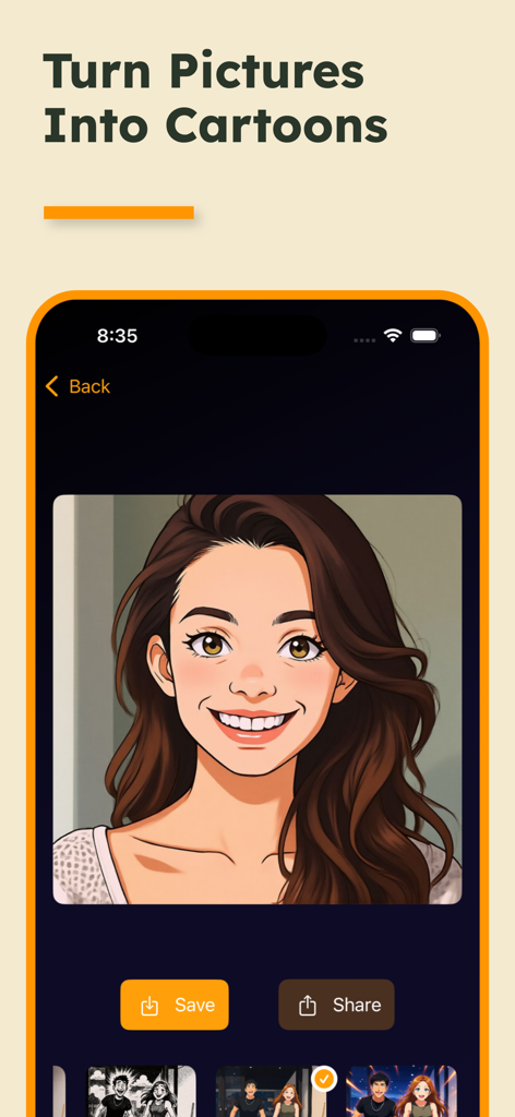Cartoon Me: AI Photo Editor - AI generated cartoon portrait of a woman in the Cartoon Me photo editor mobile app interface