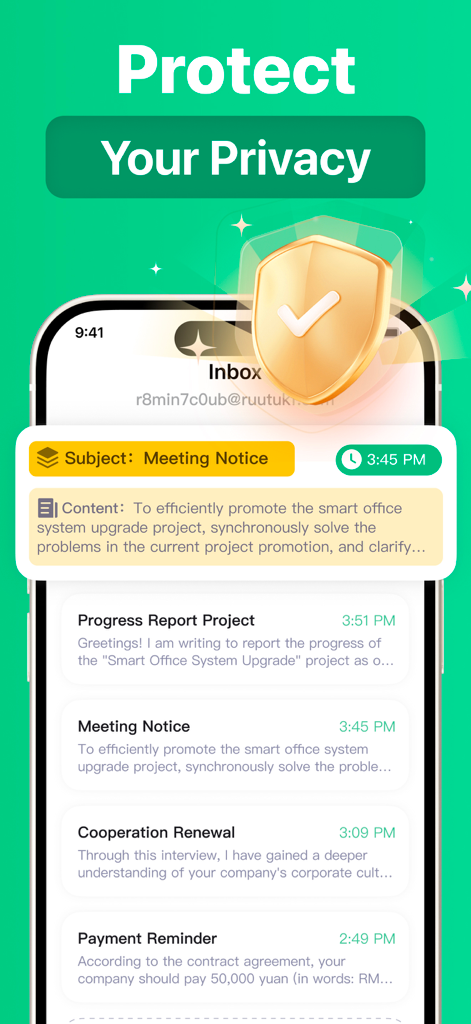 Temp Mail Pro ™ - A mobile screen showing the Temp Mail Pro app inbox with a golden privacy protection shield icon