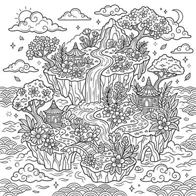 Step into a realm of fantasy with this captivating coloring page featuring mythical islands brimming with spring's beauty. Imagine ancient pagodas nestled amidst vibrant blossoms and cascading waterfalls, inviting you to add your unique touch of color.