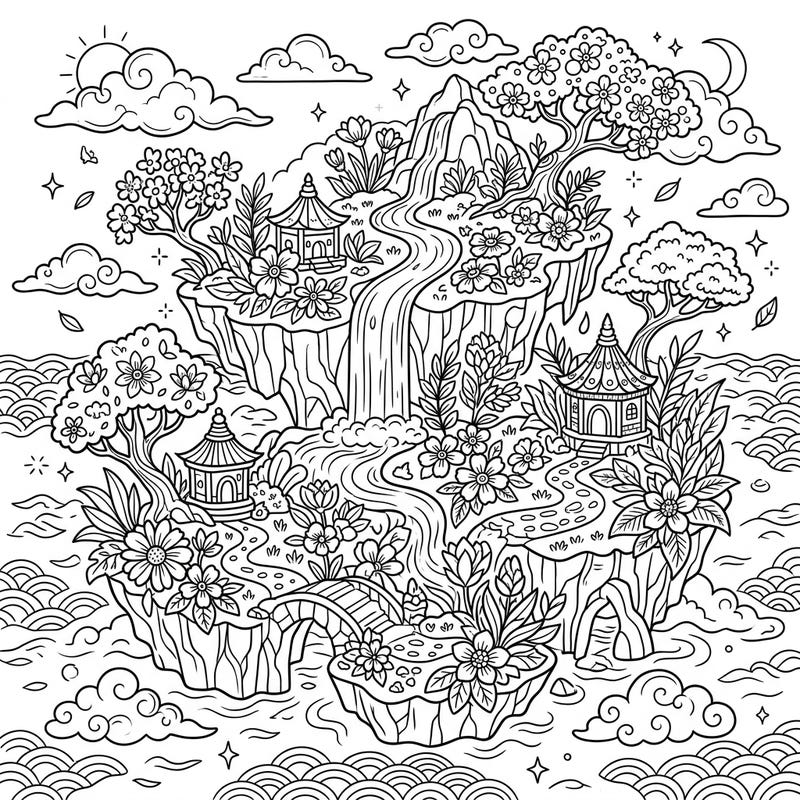 Step into a realm of fantasy with this captivating coloring page featuring mythical islands brimming with spring's beauty. Imagine ancient pagodas nestled amidst vibrant blossoms and cascading waterfalls, inviting you to add your unique touch of color.