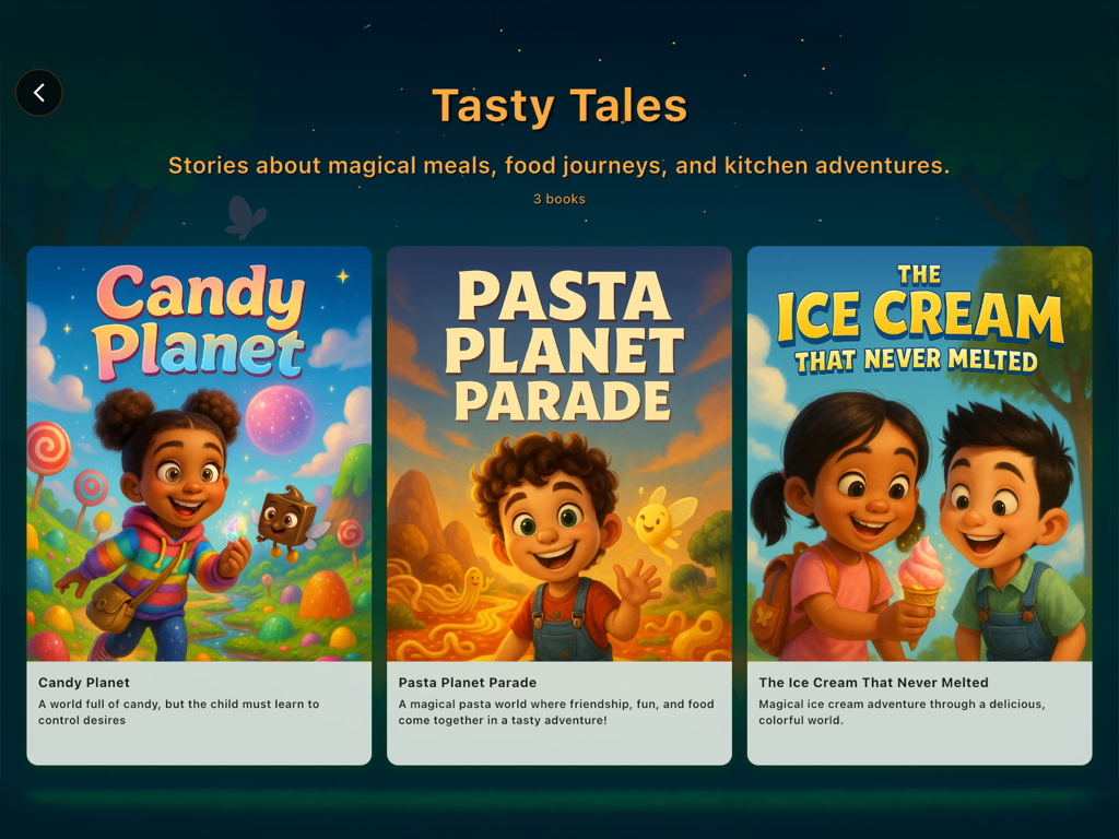 Winkabook app library showing three interactive children's books under the Tasty Tales category.