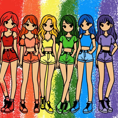 a group of girls wearing crop tops and shorts