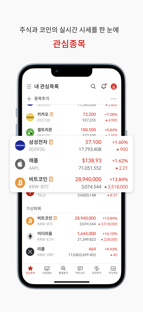 알파스퀘어 - 주식, 코인 정보·분석·관리를 한 곳에서 - AlphaSquareアプリのウォッチリスト。リアルタイムの株式と仮想通貨の価格が表示されています