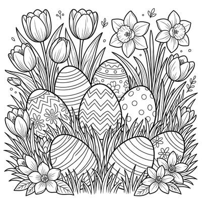 Embrace the joy of spring and Easter with this beautiful coloring page. Discover intricately designed Easter eggs hidden among a lush garden of blooming flowers and fresh greenery, ready for your creative touch.