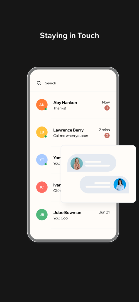 Messaging interface of the Aretah Studio app showing user conversations under the Staying in Touch header.