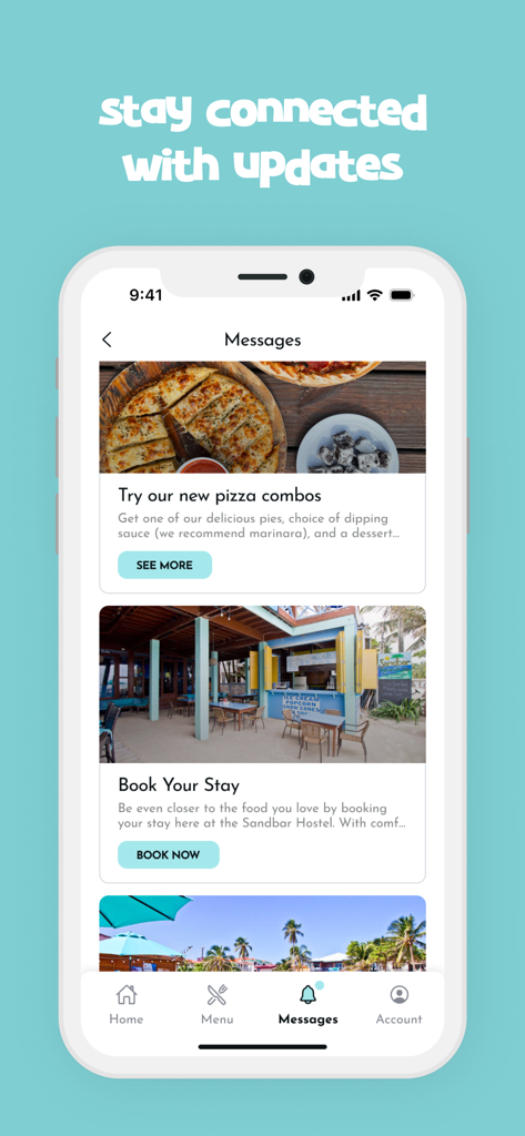 Sandbar Beachfront Hostel - A mobile app interface for Sandbar Beachfront Hostel showing messages for pizza deals and hostel bookings.