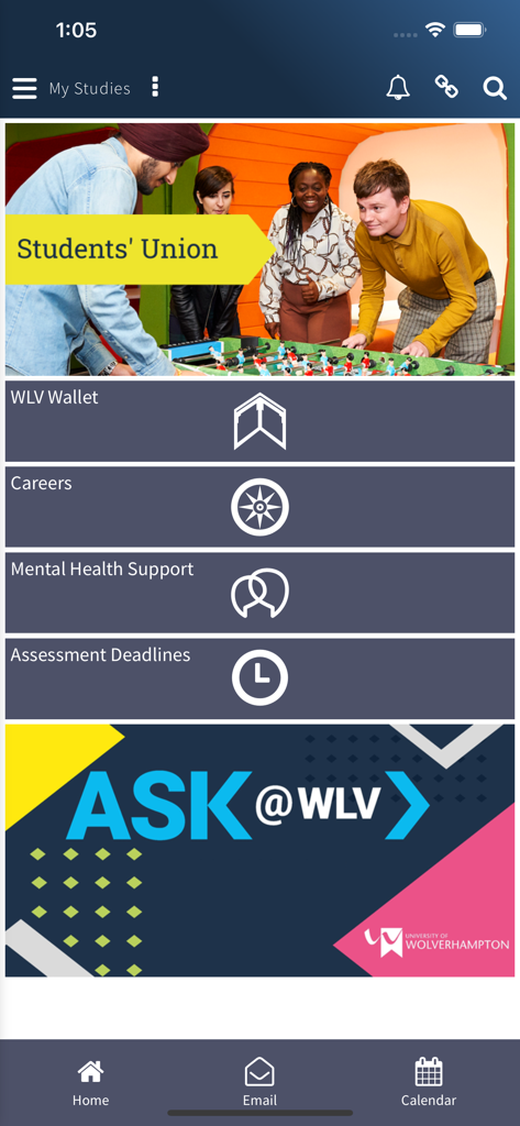 Interface of the myWLV app showing student services like assessment deadlines and careers