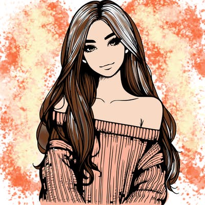 realistic girl with long hair wearing an off the shoulder sweater