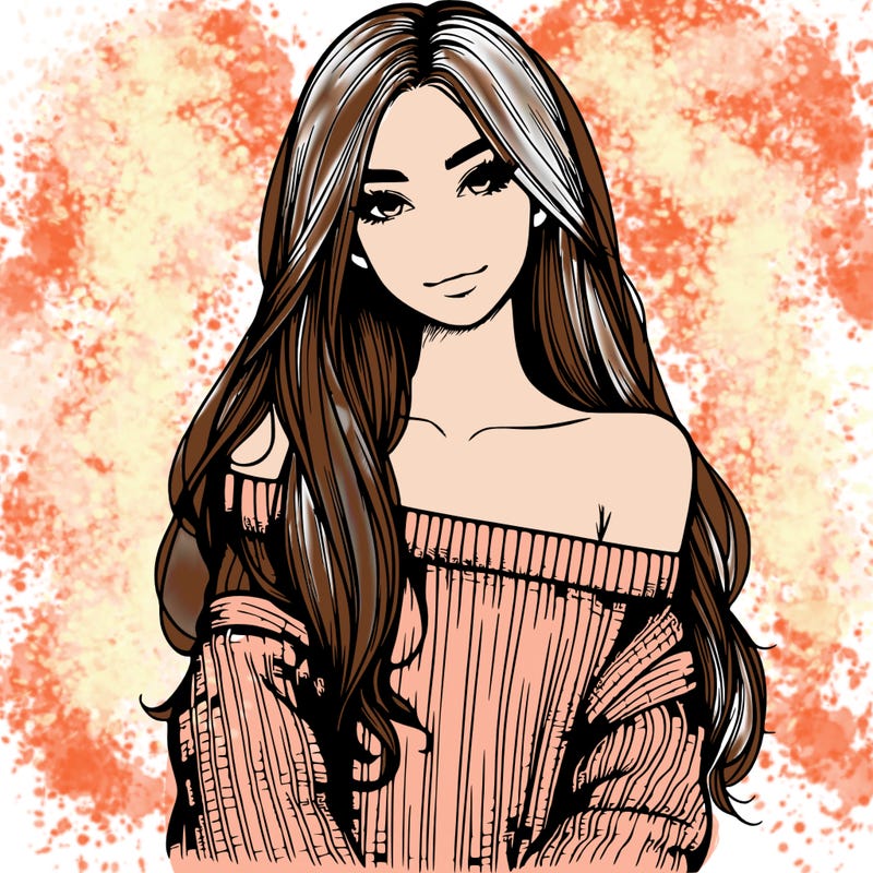 realistic girl with long hair wearing an off the shoulder sweater