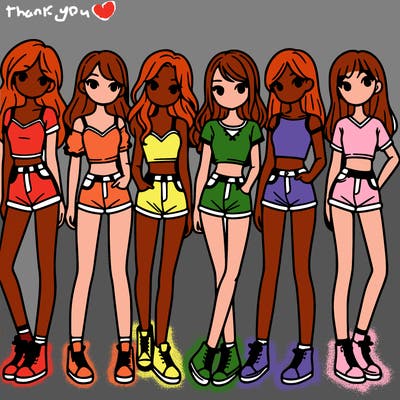 a group of girls wearing crop tops and shorts