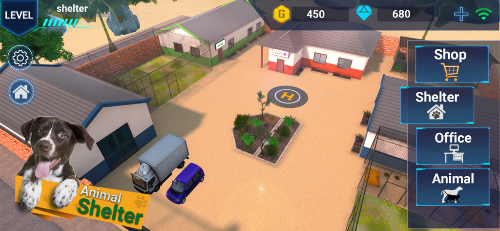 Virtual Pet Shelter Simulator - Isometric view of the 3D animal shelter management interface featuring buildings a truck and game menus