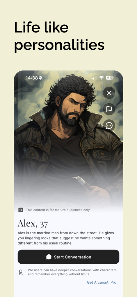 ArcanaAI: AI Roleplay Chat - Interface of the ArcanaAI app showing a detailed character profile for Alex with a start conversation button