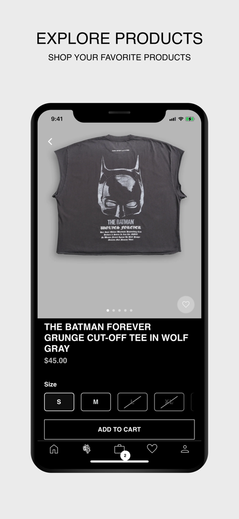 DarcSport - Screenshot dell'app DarcSport che mostra una maglietta "Batman Forever grunge cut-off tee" in vendita
