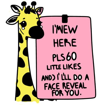 giraffe with a sign that says i’m new here pls 60 likes and i’ll do a face reveal for you