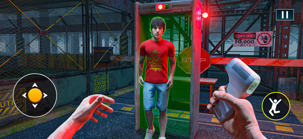 Vista en primera persona de un guardia de seguridad usando un escáner de mano en la puerta de un puesto de control fronterizo en Virus Control Simulator