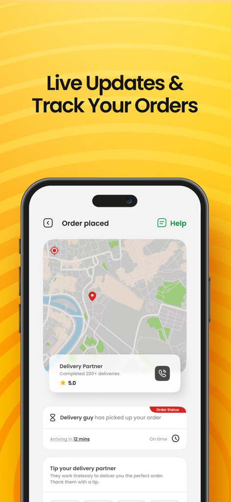 Eatiko - Delivery & Dine out - Eatiko app interface for live food order tracking with real-time map and delivery status