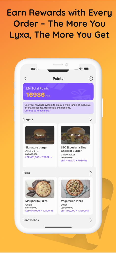 L'écran du programme de fidélité de l'application LYXA affichant les points accumulés et les récompenses alimentaires