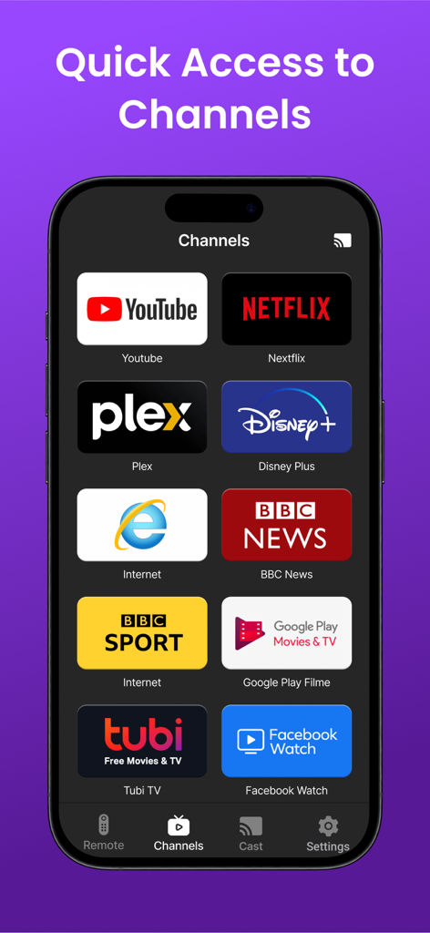 Un smartphone mostrando la pestaña de Canales de una aplicación de control remoto universal de TV con iconos para Netflix, YouTube, Disney Plus y otros servicios de streaming.