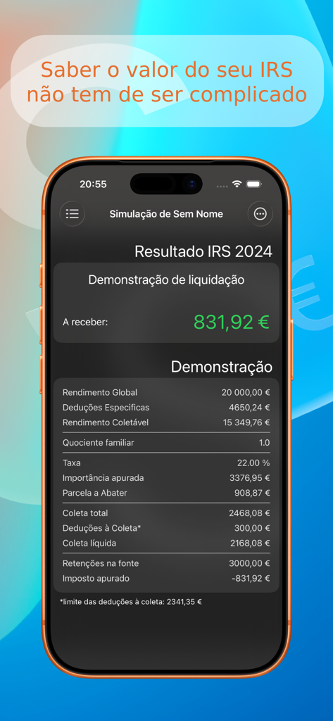 IRS 2024 tax simulation result screen in the Salário Líquido app