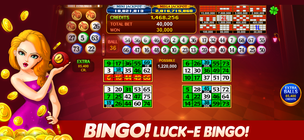 Luck'e Bingo : Video Bingo - Lucke Bingo video bingo gameplay screen with four cards and jackpot display