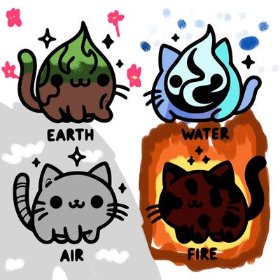 4 cats that represent the different elements, earth, water, air, and fire