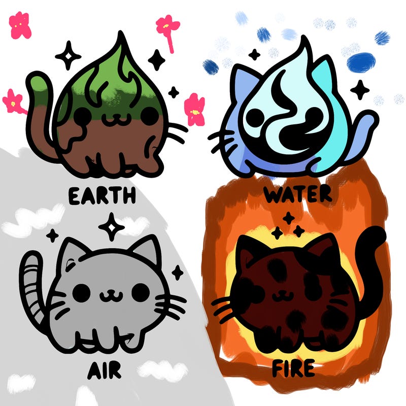 4 cats that represent the different elements, earth, water, air, and fire