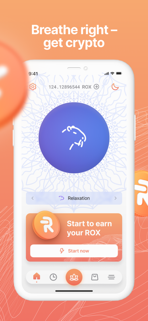 Robox Relax - Breathe & Earn - Robox Relax app interface showing a relaxation breathing exercise with a button to earn ROX crypto rewards.