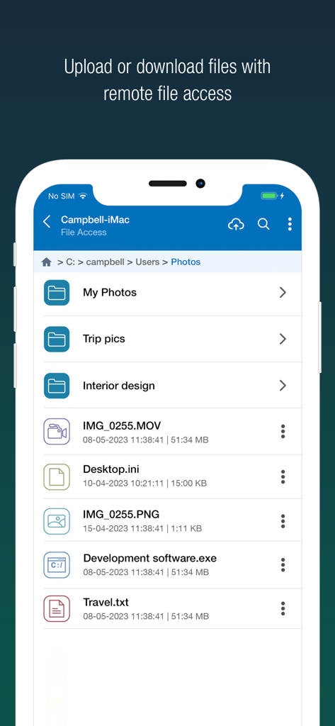 Interfaz de la aplicación móvil RemotePC que muestra el acceso y las opciones de gestión de archivos remotos